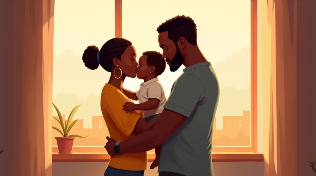 Un couple camerounais serre tendrement son enfant dans ses bras, avec en toile de fond un paysage époustouflant de collines verdoyantes, de vallées profondes et de rivières sinueuses typiques du Cameroun.