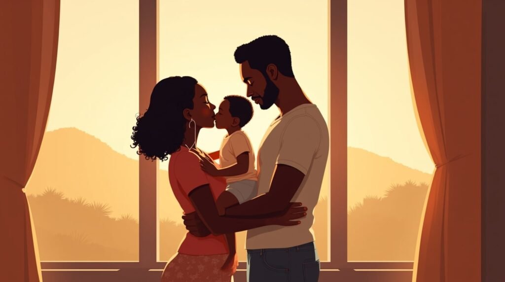 Deux parents africains embrassent tendrement leur enfant, avec en toile de fond un paysage spectaculaire de savanes dorées, de collines verdoyantes et de rivières sinueuses.