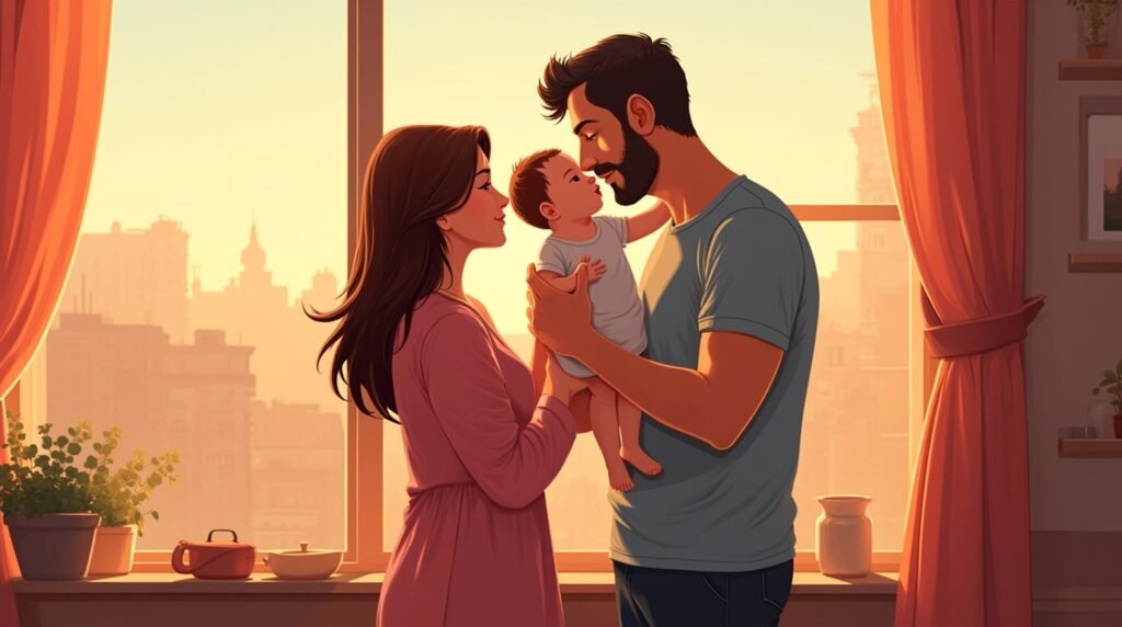 Deux parents argentins embrassent tendrement leur enfant, avec en toile de fond un paysage spectaculaire de montagnes, de pampas et de rivières sinueuses.