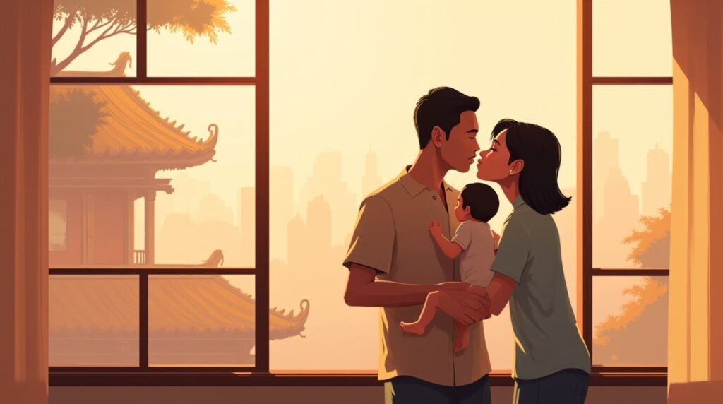 Deux parents chinois embrassent tendrement leur enfant, avec en toile de fond un paysage spectaculaire de montagnes, de forêts de bambous et de rivières paisibles.