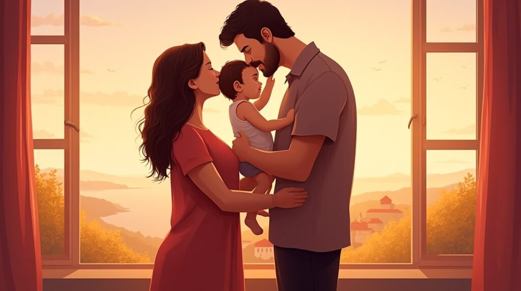 Un couple portugais serre tendrement son enfant dans ses bras, avec en toile de fond un paysage époustouflant de collines verdoyantes, de rivières sinueuses et des plages de sable fin caractéristiques du Portugal.