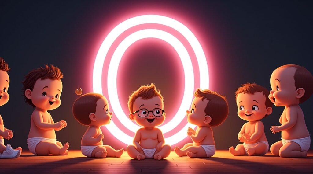Des bébés vêtus de bodies pastel, assis tranquillement autour d’une lettre néon bleue "O", créant une ambiance calme et intemporelle.