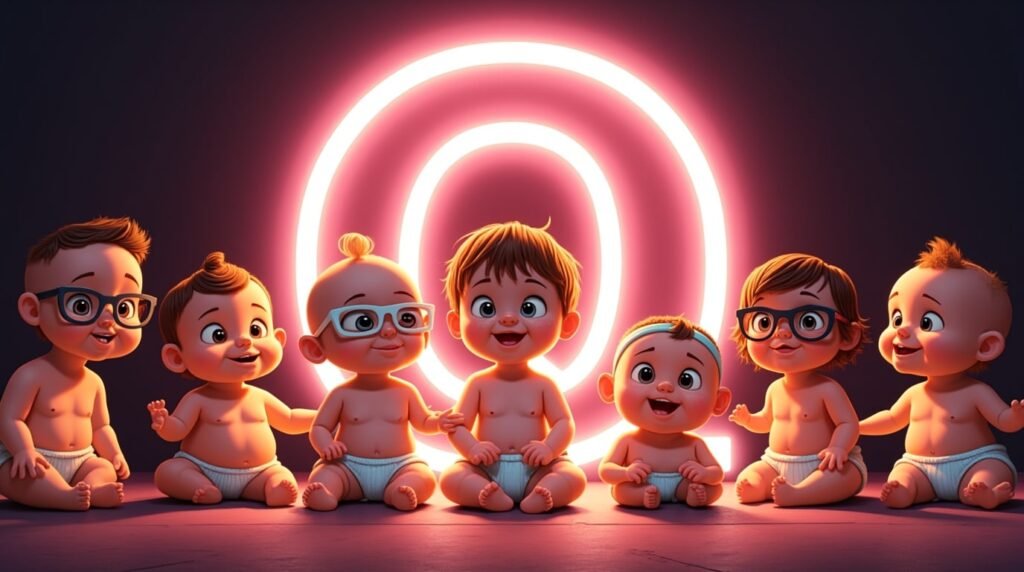 Un groupe de bébés à la mode, assis en cercle sous une grande lettre néon rose "Q", souriant et jouant avec des jouets modernes aux couleurs éclatantes.