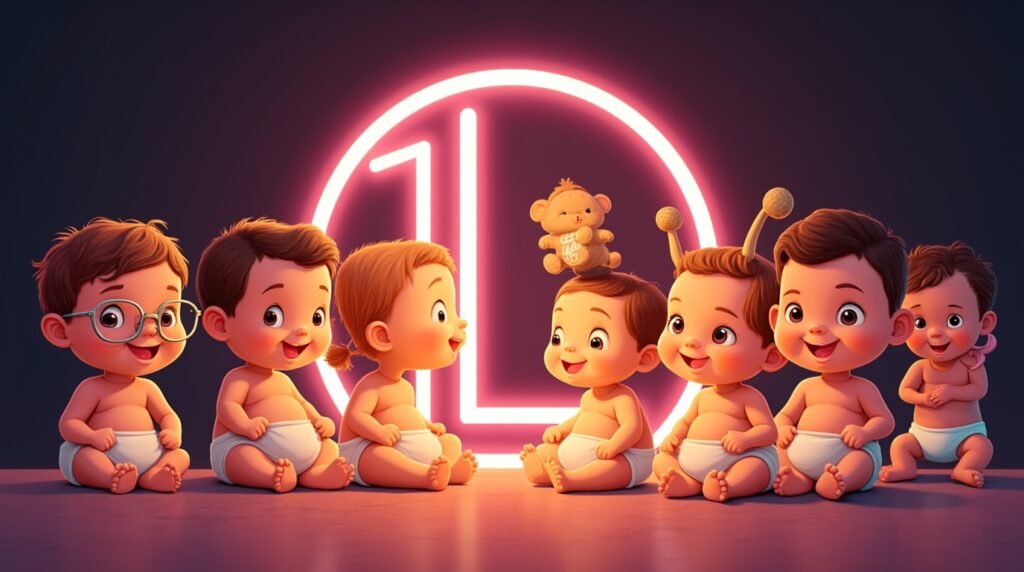 Un groupe de bébés stylés, assis en cercle sous une grande lettre néon rose "L", souriant et jouant avec des jouets modernes aux couleurs vives.