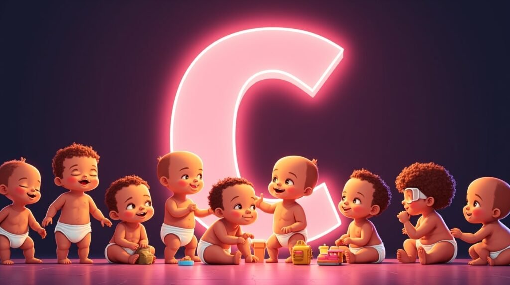 Un groupe de bébés à la mode, assis en cercle sous une grande lettre néon rose "C", souriant et jouant avec des jouets modernes et vibrants.