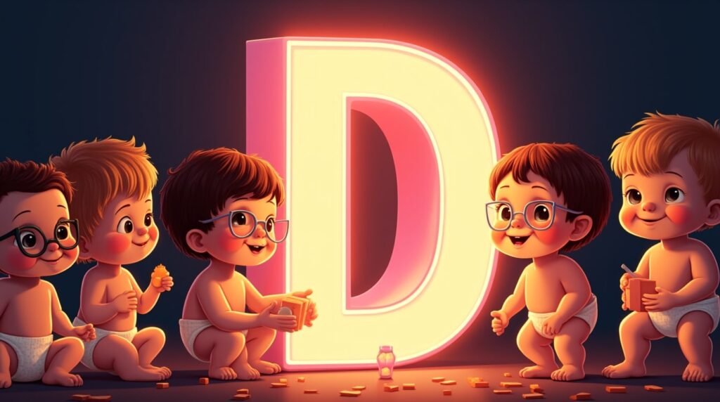 Un groupe de bébés stylés, assis en cercle sous une grande lettre néon rose "D", souriant et jouant avec des jouets modernes aux couleurs vives.