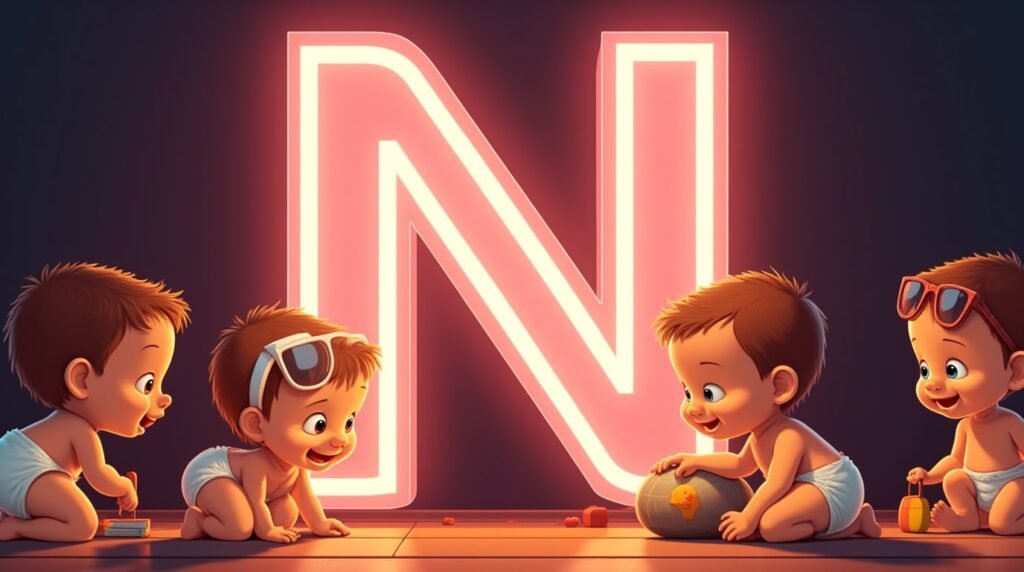 Un groupe de bébés à la mode, assis en cercle sous une grande lettre néon rose "N", souriant et jouant avec des jouets modernes aux couleurs vives et éclatantes.