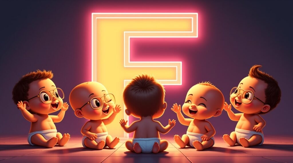 Assis en cercle sous une grande lettre néon rose "F", un groupe de bébés stylés sourit et joue joyeusement avec des jouets modernes et éclatants de couleurs.