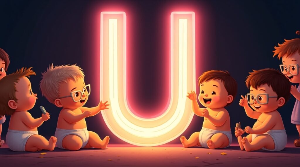 Des bébés élégants, assis en cercle sous une grande lettre néon rose "U", souriant et jouant avec des jouets modernes aux couleurs éclatantes et vives.