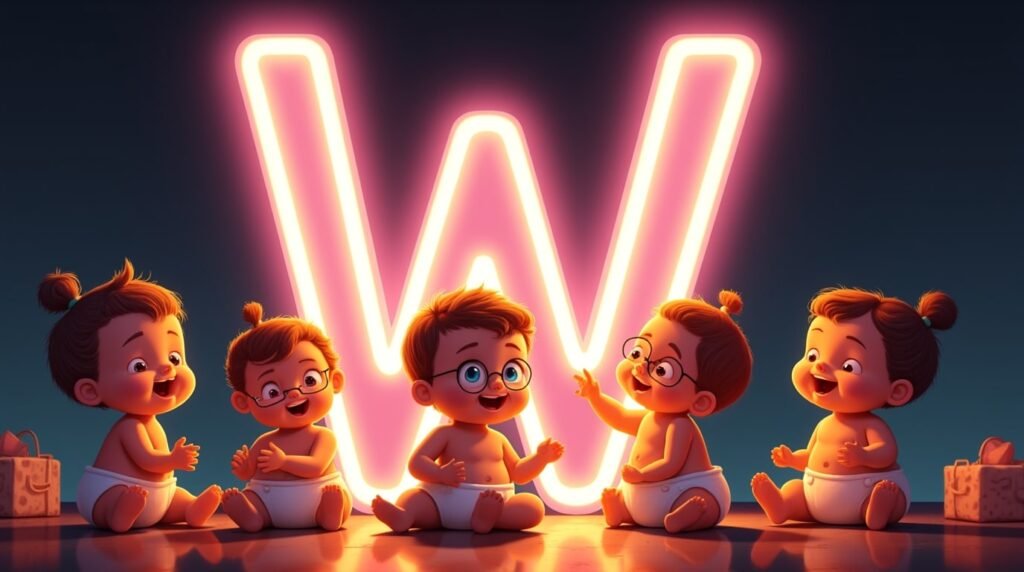 Un groupe de bébés à la mode, assis en cercle sous une grande lettre néon rose "W", souriant et jouant avec des jouets modernes aux couleurs vives.