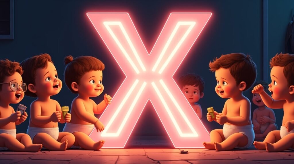 Un groupe de bébés à la mode, assis en cercle sous une grande lettre néon rose "X", souriant et jouant avec des jouets modernes et aux couleurs vives.