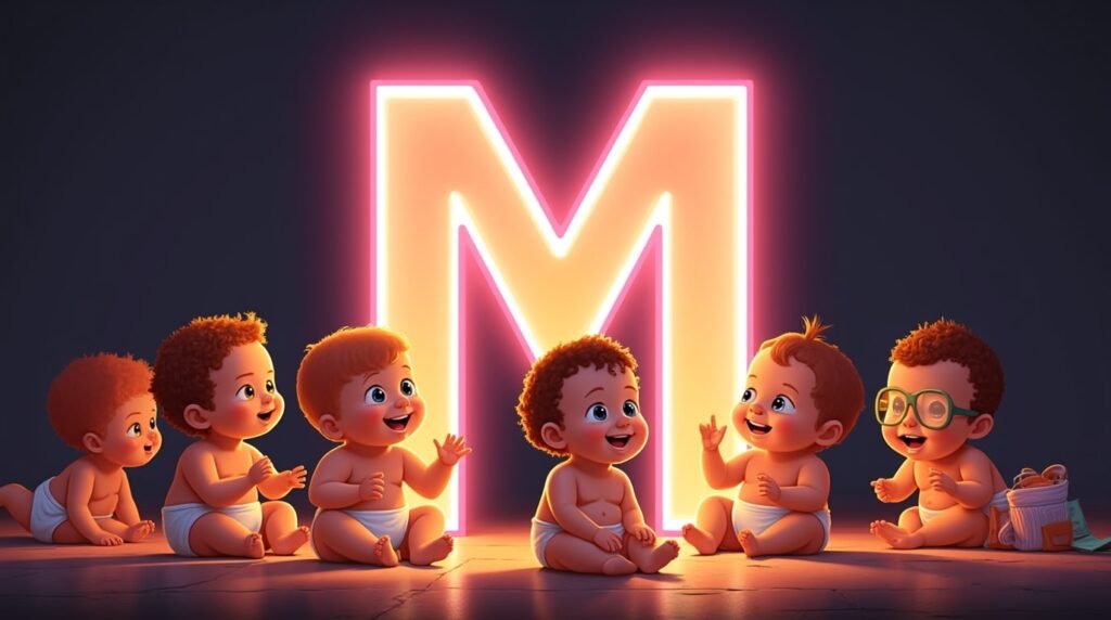 Un groupe de bébés stylés, assis en cercle sous une grande lettre néon rose "M", souriant et jouant avec des jouets modernes aux couleurs éclatantes.