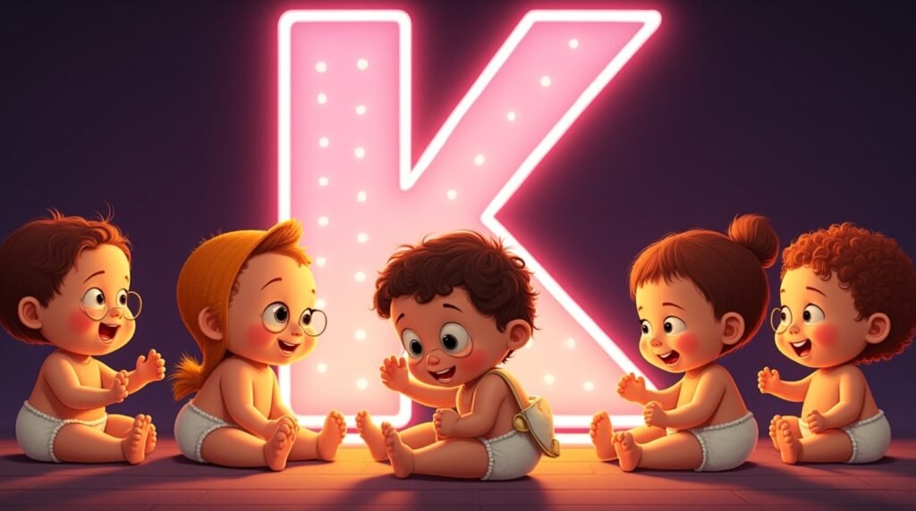 Un groupe de bébés élégants, assis en cercle sous une lettre néon rose "K", souriant et jouant avec des jouets modernes et éclatants de couleurs.