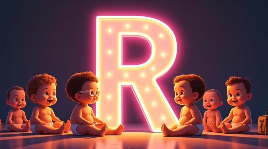 Un groupe de bébés stylés, assis en cercle sous une grande lettre néon rose "R", souriant et jouant avec des jouets modernes aux couleurs éclatantes.