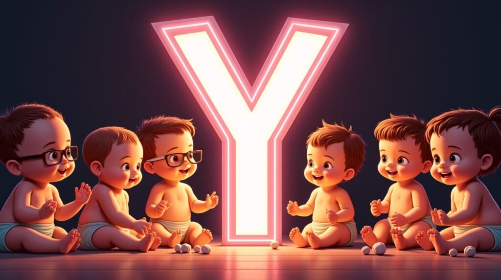 Un groupe de bébés à la mode, assis en cercle sous une grande lettre néon rose "Y", souriant largement et jouant avec des jouets modernes aux couleurs vives.