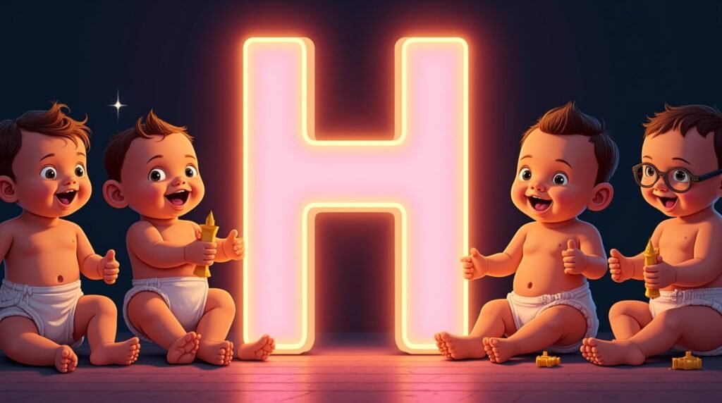 Un groupe de bébés à la mode, assis en cercle sous une grande lettre néon rose "H", souriant et jouant avec des jouets modernes aux couleurs vives.