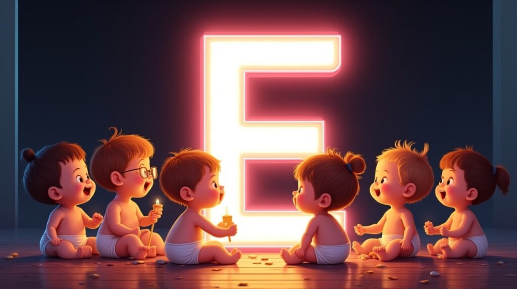 Un groupe de bébés à la mode, assis en cercle sous une grande lettre néon rose "E", sourient et jouent avec des jouets modernes aux couleurs éclatantes.