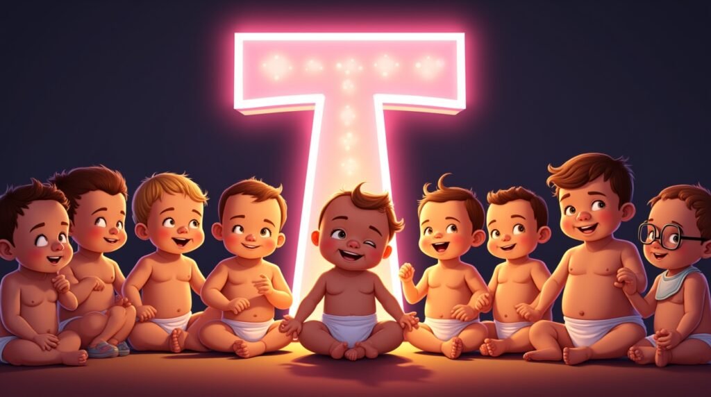 Des bébés tendance, assis en cercle sous une grande lettre néon rose "T", souriant et s’amusant avec des jouets modernes aux couleurs vives.