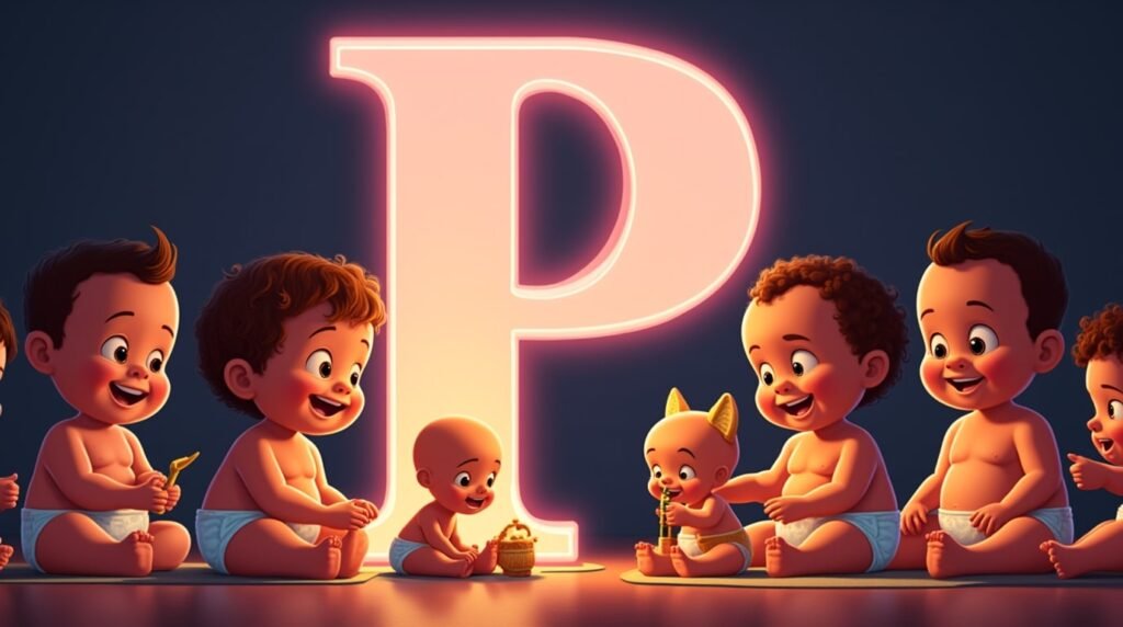 Un groupe de bébés à la mode, assis en cercle sous une grande lettre néon rose "P", souriant et jouant avec des jouets modernes aux couleurs éclatantes et vives.