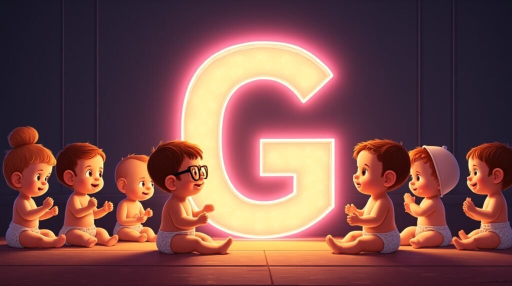Des bébés portant des accessoires originaux, assis sous des projecteurs, autour d’une grande lettre néon violette "G", dégageant une aura d’individualité et de style.