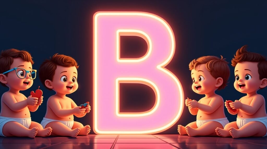 Un groupe de bébés à la mode, assis en cercle sous une grande lettre néon rose "B", souriant et jouant avec des jouets modernes et vibrants.