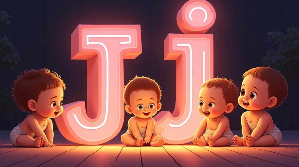 Un groupe de bébés à la mode, assis en cercle sous une grande lettre néon rose "J", souriant et jouant avec des jouets modernes aux couleurs vives et éclatantes.