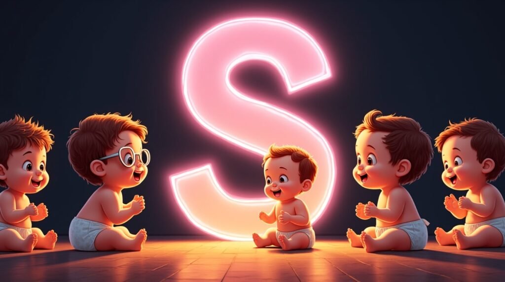 Des bébés stylés, assis en cercle sous une grande lettre néon rose "S", souriant et jouant avec des jouets modernes aux couleurs vives et éclatantes.