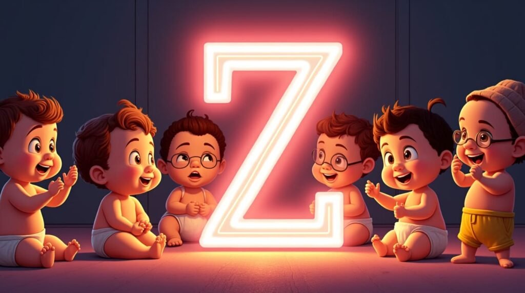 Un groupe de bébés élégants, assis en cercle sous une grande lettre néon rose "Z", souriant et jouant avec des jouets modernes aux couleurs vibrantes et éclatantes.