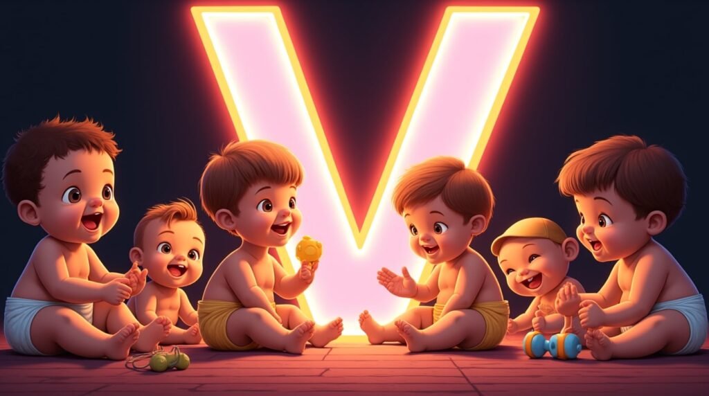Un groupe de bébés stylés, assis en cercle sous une grande lettre néon rose "V", souriant et jouant avec des jouets modernes aux couleurs éclatantes.