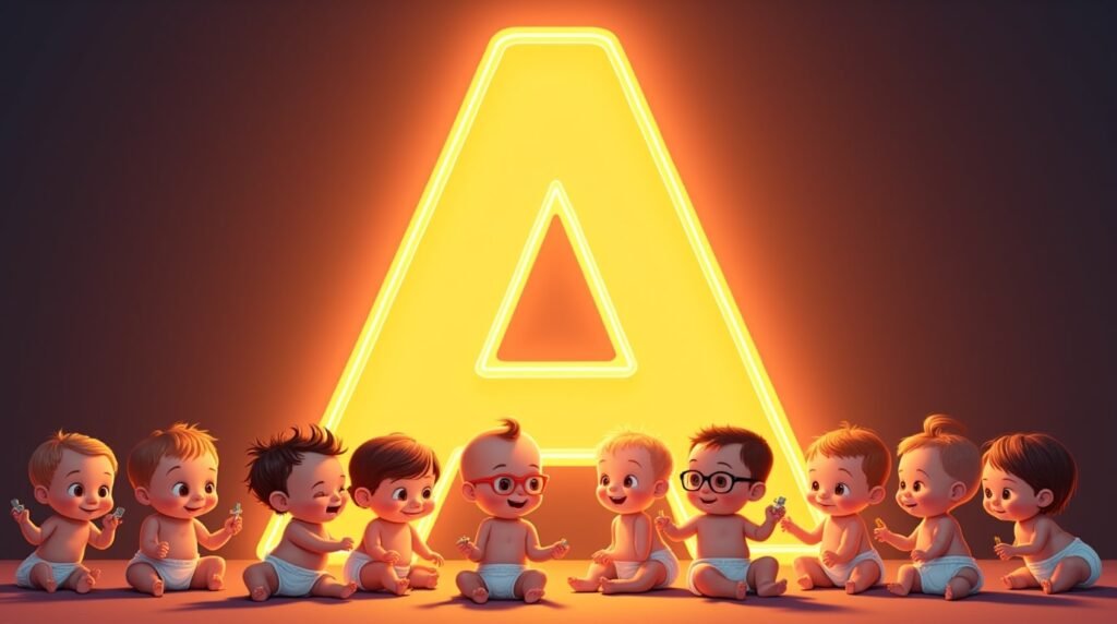 Un groupe de bébés stylés, assis en cercle sous une lettre néon rose "A", sourient joyeusement et jouent avec des jouets modernes aux couleurs éclatantes.