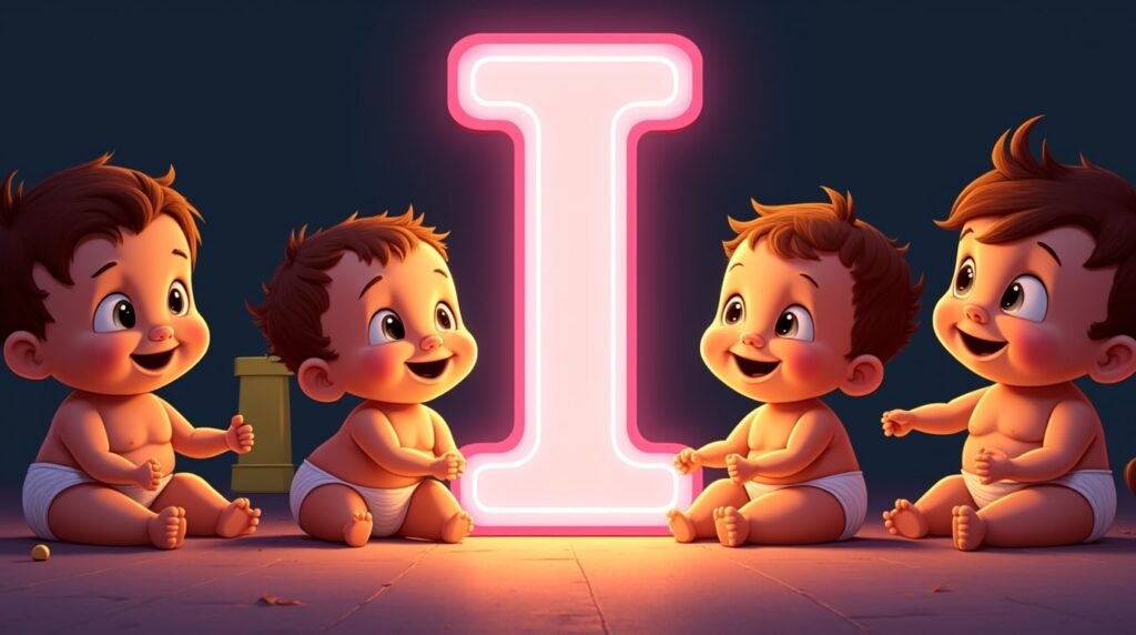 Un groupe de bébés élégants, assis en cercle sous une grande lettre néon rose "I", souriant et jouant avec des jouets modernes aux couleurs vives et éclatantes.