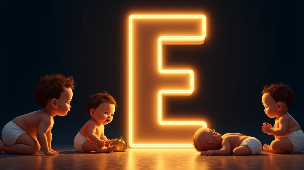 Une grande lettre néon "E" dorée, brillamment illuminée, entourée de bébés de diverses origines qui s’amusent autour de la lettre : ramper, s'asseoir et applaudir avec enthousiasme.