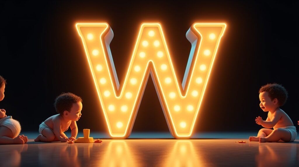 Une lettre néon "W" dorée et lumineuse, éclatante, entourée de bébés venus de différents horizons, s’amusant ensemble : ramper, s’asseoir et applaudir joyeusement.