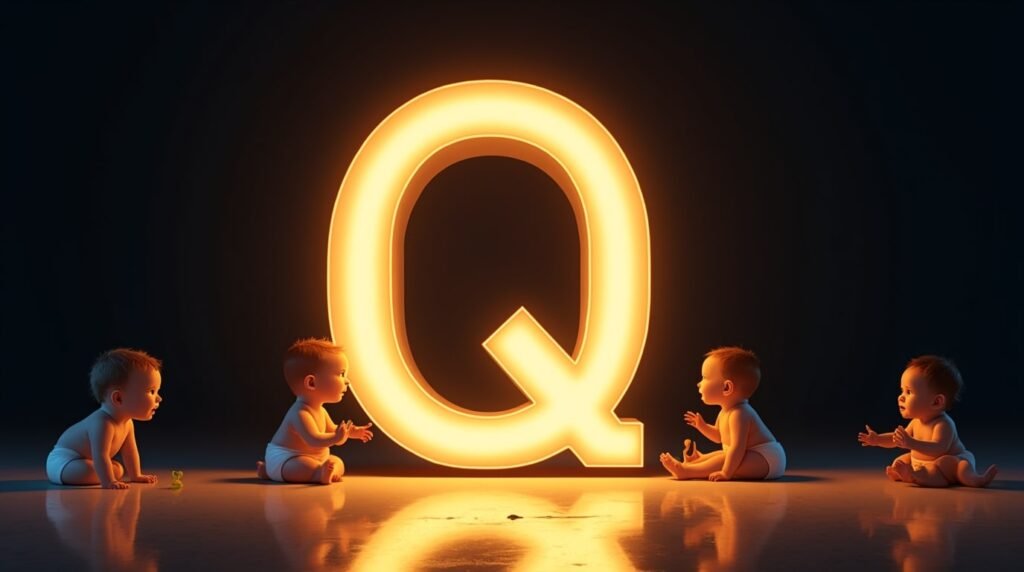 Une grande lettre néon "Q" dorée, brillante et lumineuse, entourée de bébés d'origines diverses, jouant autour d'elle : rampant, s’asseyant et applaudissant avec joie.