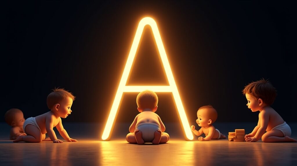 Une lettre néon "A" géante, éclatant de lumière dorée, entourée de bébés de diverses origines qui s’amusent autour : ramper, s'asseoir et applaudir avec joie.