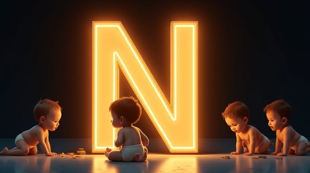 Une lettre néon "N" géante et dorée, éclatante de lumière, entourée de bébés de différentes origines qui s’amusent autour : ramper, s’asseoir et applaudir avec enthousiasme.