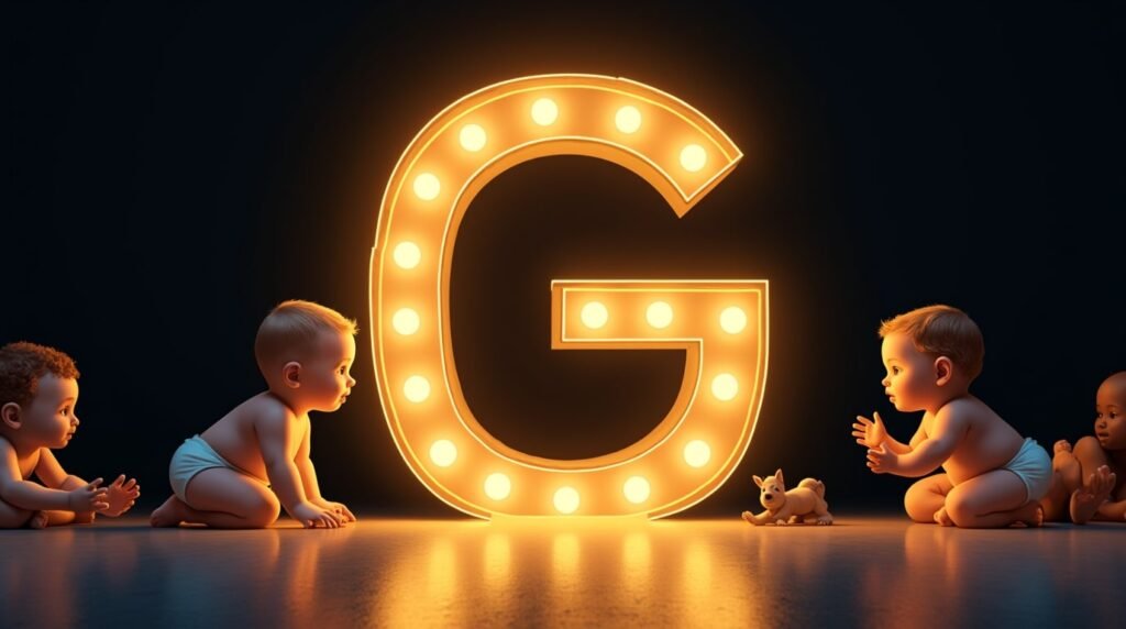 Une grande lettre néon "G" dorée et lumineuse, entourée de bébés de diverses origines, qui s’amusent autour de la lettre : ramper, s'asseoir et applaudir avec excitation.