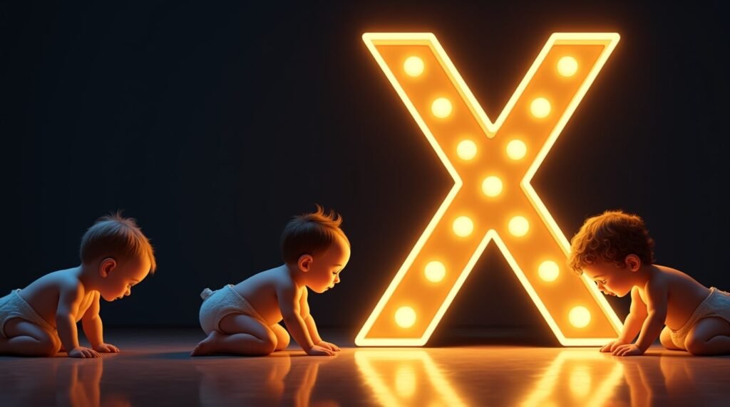 Une gigantesque lettre néon "X", éclatante et dorée, entourée de bébés de diverses origines, s’amusant autour : rampant, s’asseyant et applaudissant joyeusement.