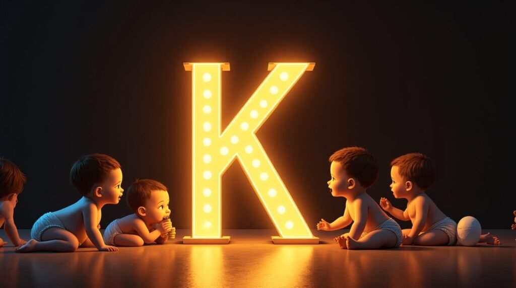 Une lettre néon "K" géante et dorée, brillamment illuminée, entourée de bébés de différentes origines, qui explorent joyeusement autour : ramper, s'asseoir et applaudir.