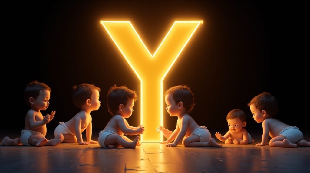 Une lettre néon géante "Y", dorée et éclatante, entourée de bébés de cultures variées, qui s’amusent joyeusement autour : rampant, s'asseyant et applaudissant avec enthousiasme.