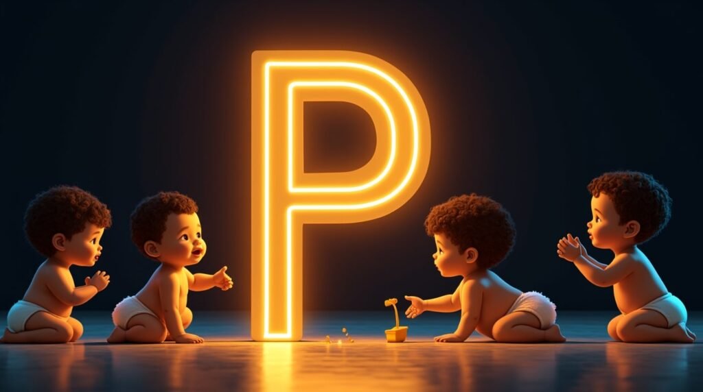 Une lettre néon géante "P" dorée, éclatant de lumière, entourée de bébés de diverses origines qui jouent ensemble avec joie.