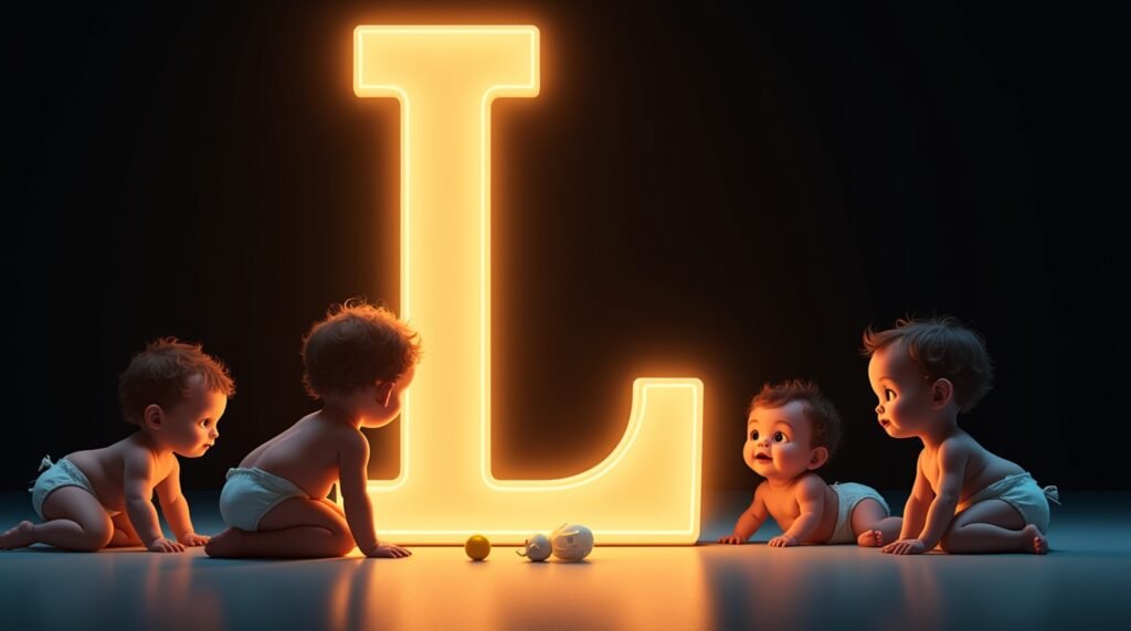 Une lettre néon "L" géante, dorée et éclatante de lumière, entourée de bébés de diverses origines, qui s’amusent joyeusement autour : ramper, s’asseoir et applaudir.