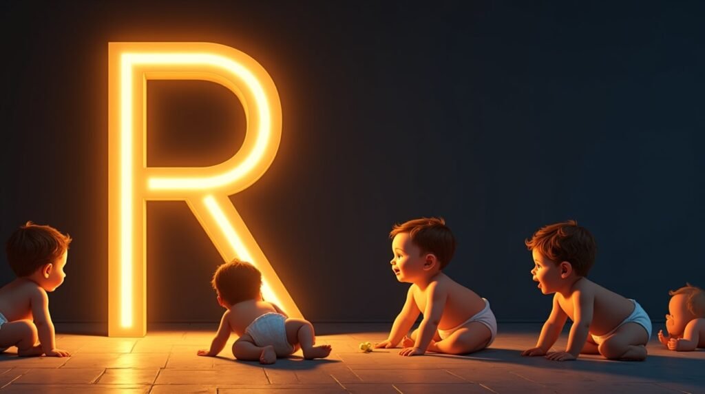 Une grande lettre néon "R" dorée, brillamment éclairée, entourée de bébés venus de diverses cultures, qui s’amusent joyeusement autour : ramper, s’asseoir et applaudir avec enthousiasme.