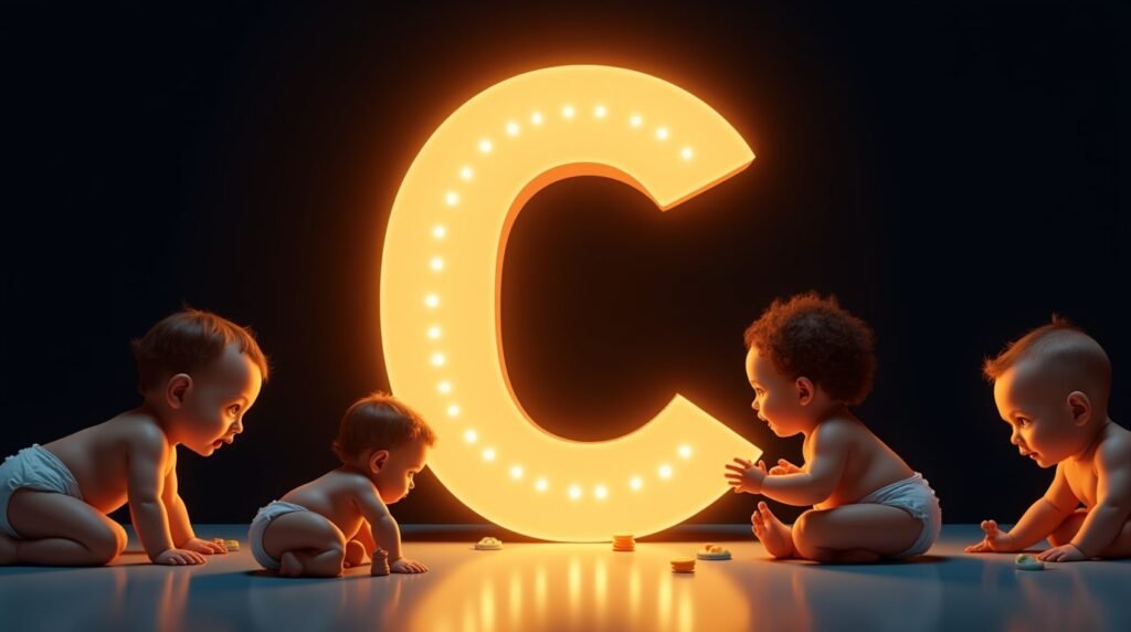 Une grande lettre néon "C" dorée, éclatant de lumière, entourée de bébés de diverses origines, qui s’amusent autour : ramper, s’asseoir et applaudir avec enthousiasme.