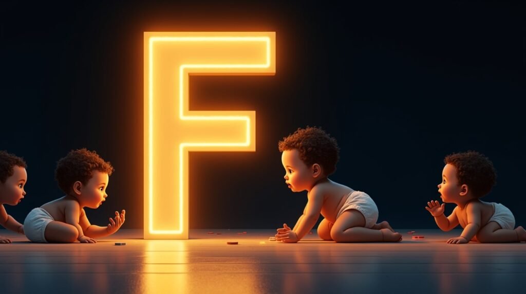 Une grande lettre néon dorée "LETTRE", brillamment éclairée, entourée de bébés de diverses origines, qui s'amusent autour d'elle : ramper, s'asseoir et applaudir avec enthousiasme.