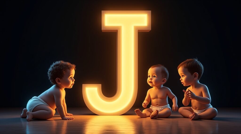 Une lettre néon "J" géante et dorée, éclatante de lumière, entourée de bébés de diverses origines, qui s’amusent autour en rampant, s’asseyant et applaudissant avec joie.