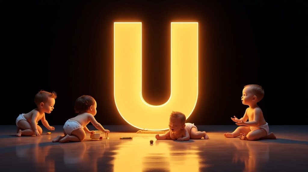 Une lettre néon "U" géante, lumineuse et dorée, entourée de bébés de cultures diverses, qui s'amusent joyeusement autour en rampant, s’asseyant et applaudissant.