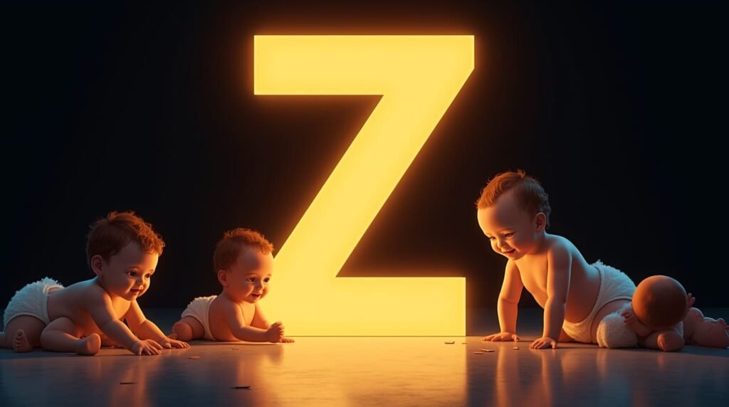 Une immense lettre néon "Z" dorée, éclatante de lumière, entourée de bébés venus de différents horizons, s'amusant joyeusement autour : rampant, s'asseyant et applaudissant avec enthousiasme.
