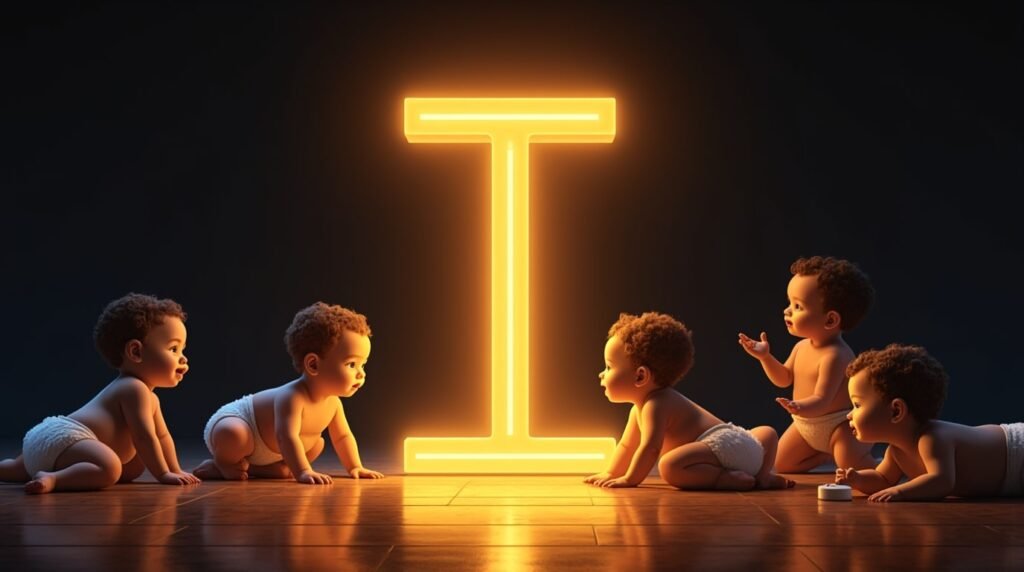 Une lettre néon "I" dorée, éclatant de lumière, entourée de bébés de différentes origines qui s’amusent autour : ramper, s'asseoir et applaudir joyeusement.