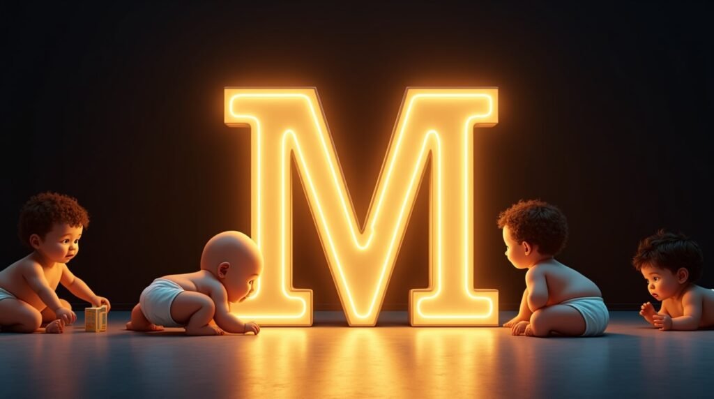Une grande lettre néon "M" dorée, éclatante de lumière, entourée de bébés de différentes origines qui s’amusent joyeusement autour : ramper, s’asseoir et applaudir.